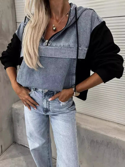 Heidi-Mode | Mode Lockere Freizeit Gewaschene Denim Nähte Kapuzen Sweatshirt für Damen