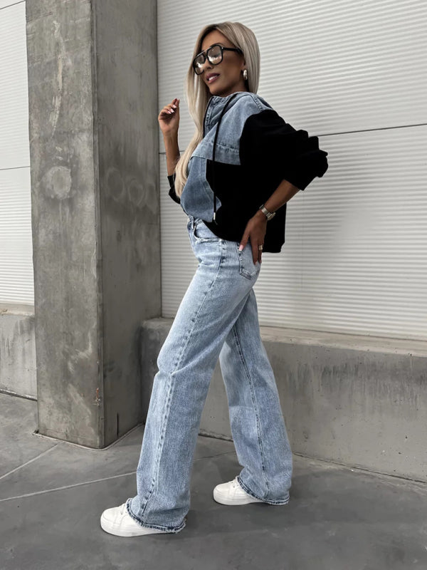 Heidi-Mode | Mode Lockere Freizeit Gewaschene Denim Nähte Kapuzen Sweatshirt für Damen