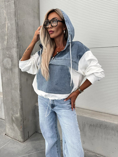 Heidi-Mode | Mode Lockere Freizeit Gewaschene Denim Nähte Kapuzen Sweatshirt für Damen