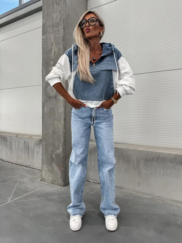 Heidi-Mode | Mode Lockere Freizeit Gewaschene Denim Nähte Kapuzen Sweatshirt für Damen