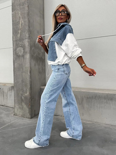 Heidi-Mode | Mode Lockere Freizeit Gewaschene Denim Nähte Kapuzen Sweatshirt für Damen