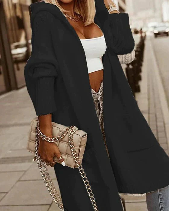 Lange Strickjacke mit Kapuze für Frauen
