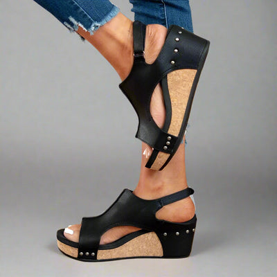 Offene Zehen Leder-Keilsandalen für Damen