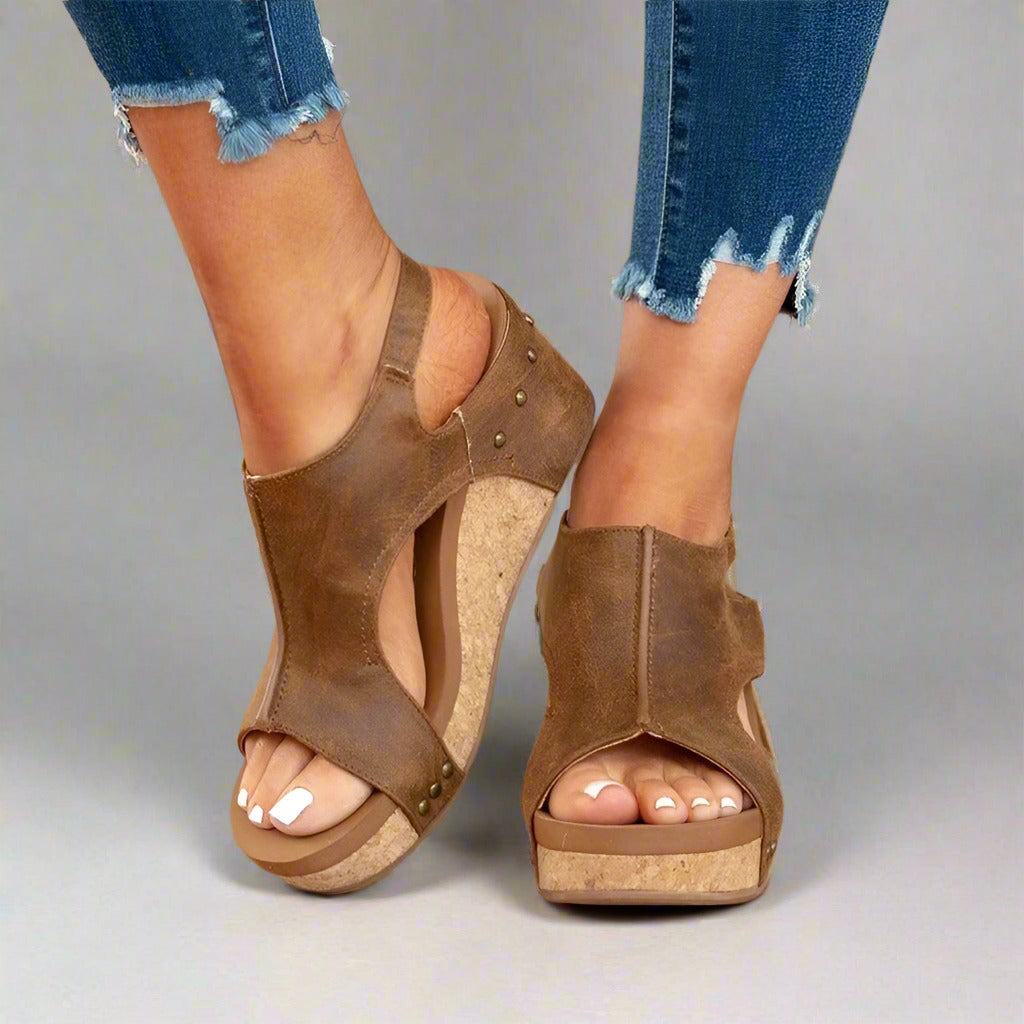 Offene Zehen Leder-Keilsandalen für Damen