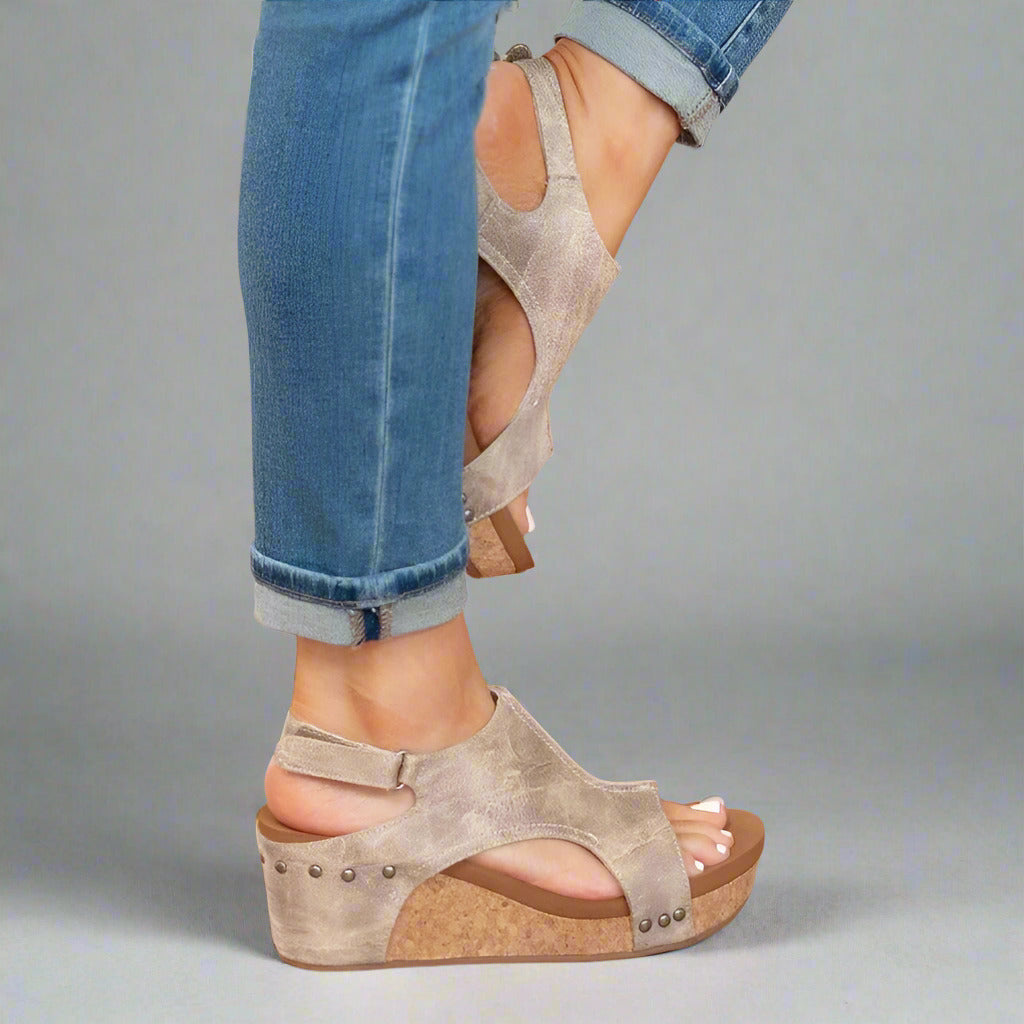 Offene Zehen Leder-Keilsandalen für Damen