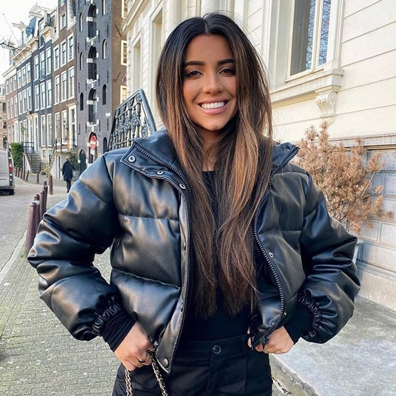 Modischer Y2K Wintermantel aus PU-Leder mit Stehkragen - Damen Kurzjacke in Schwarz, Khaki und Braun