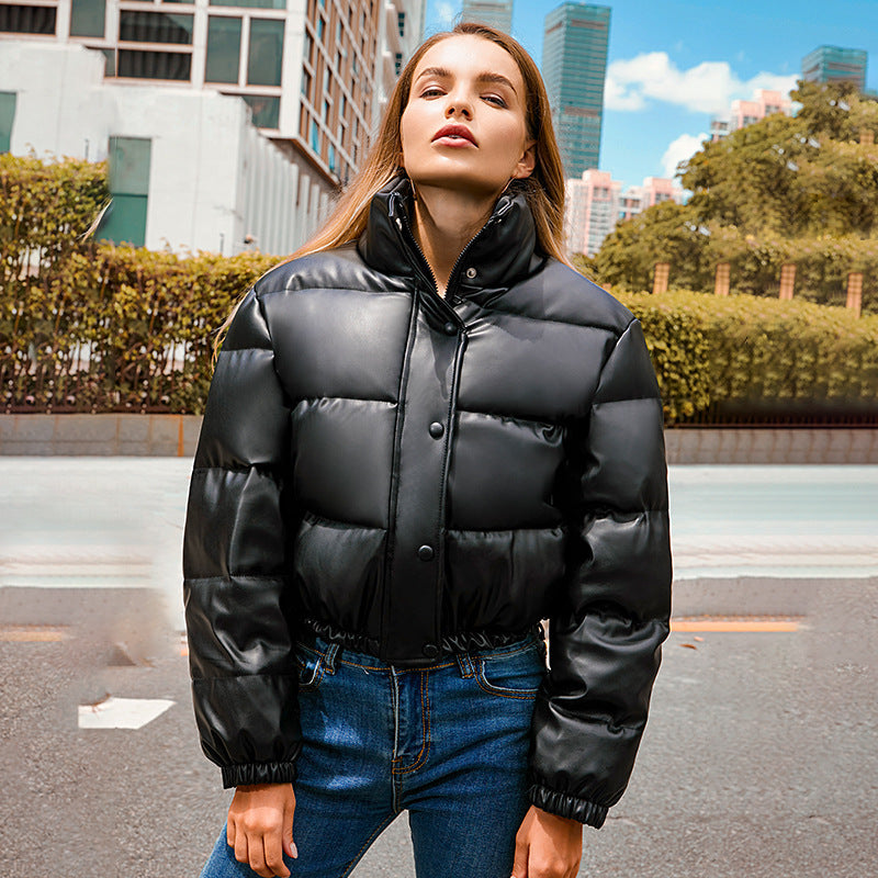 Modischer Y2K Wintermantel aus PU-Leder mit Stehkragen - Damen Kurzjacke in Schwarz, Khaki und Braun