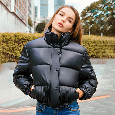 Modischer Y2K Wintermantel aus PU-Leder mit Stehkragen - Damen Kurzjacke in Schwarz, Khaki und Braun