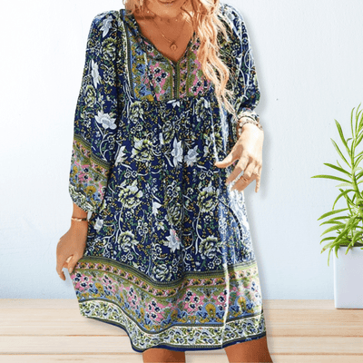 Boho-Langarm V-Ausschnitt Kleid für Damen