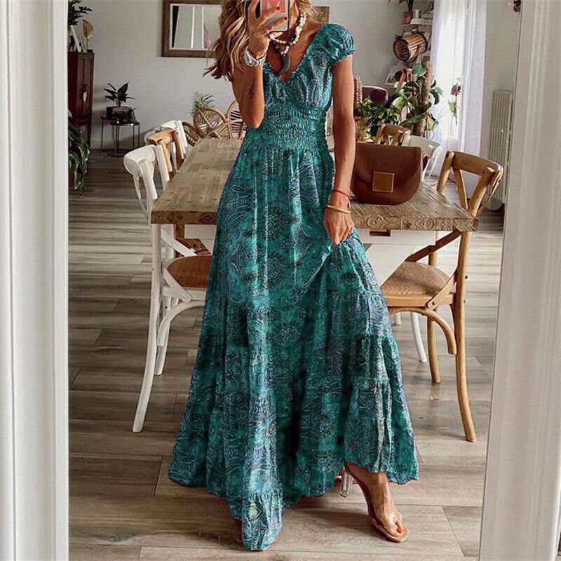 Kurzarm-Boho-Maxikleid mit V-Ausschnitt für Damen