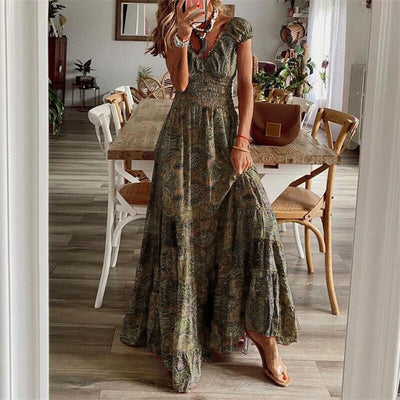 Kurzarm-Boho-Maxikleid mit V-Ausschnitt für Damen