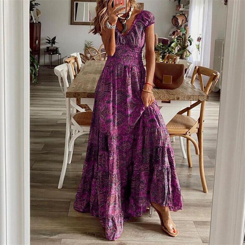 Kurzarm-Boho-Maxikleid mit V-Ausschnitt für Damen
