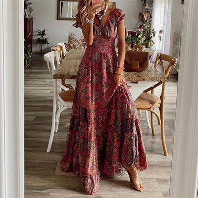 Kurzarm-Boho-Maxikleid mit V-Ausschnitt für Damen