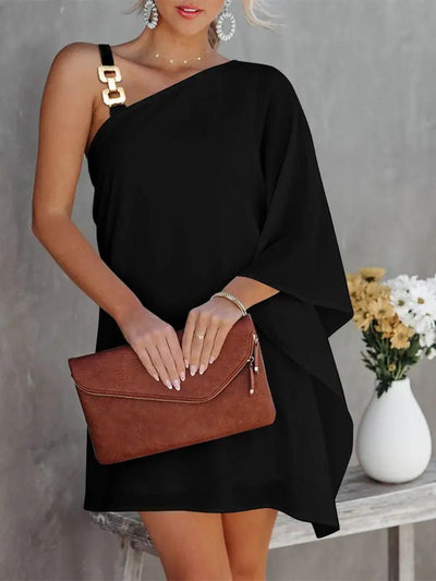 Heidi-Mode | Damenkleider Solid Metallträger Off-Shoulder Puppenärmel Kleid