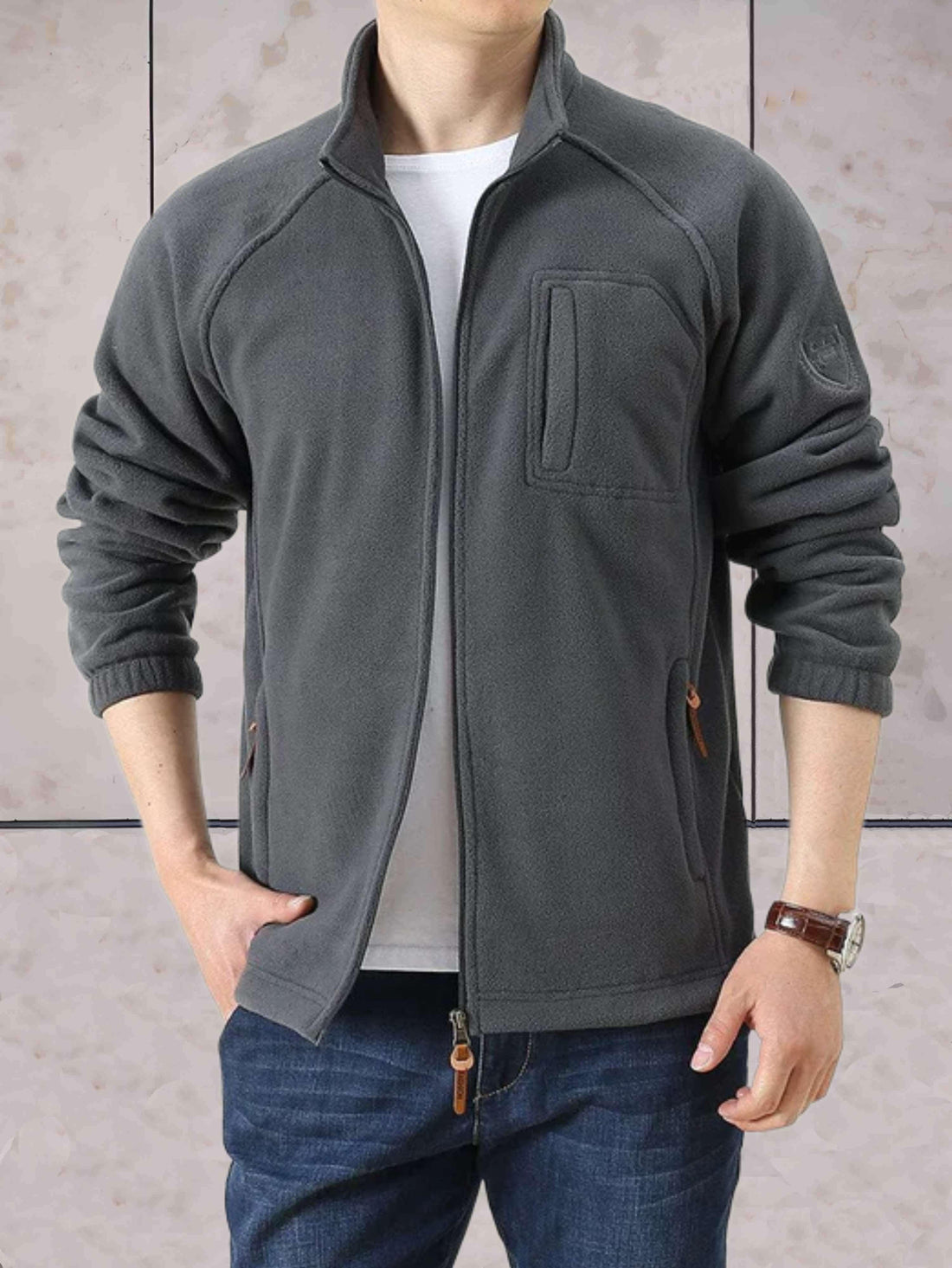 Zweifarbige Fleecejacke mit Stehkragen und Reißverschluss für kühle Tage